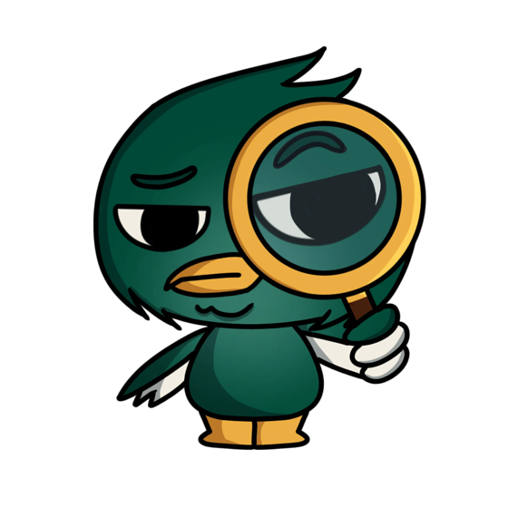 Maskot bebek memeriksa dengan kaca pembesar