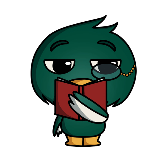 Maskot bebek membaca buku